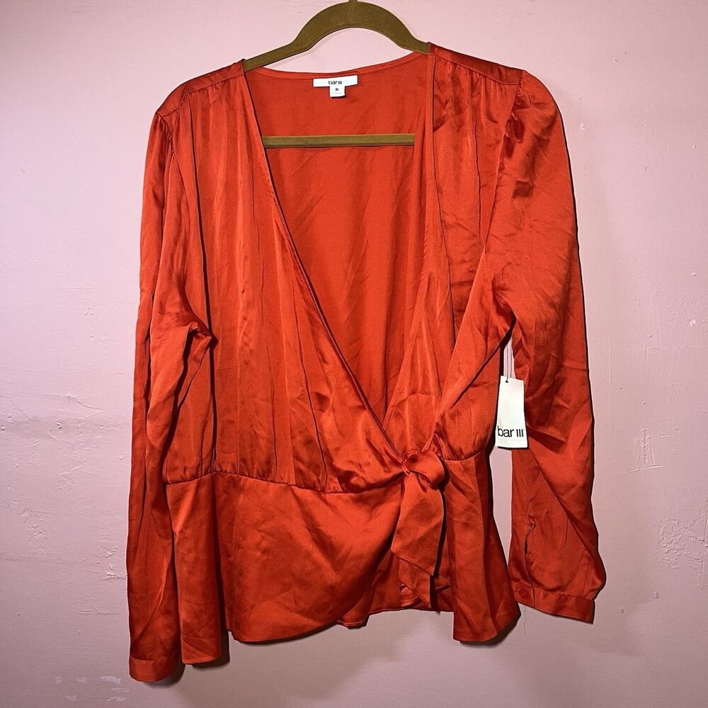 Bar III Red Orange Satin Tie Waist V-Neck Long Sleeve Blouse Top Size XL Nwt